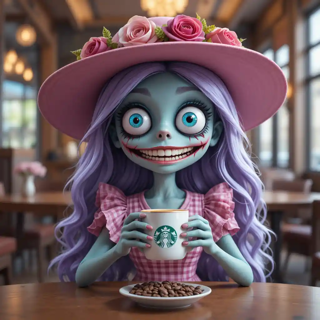 Whimsical cartoon zombie girl in pink hat at cafe table