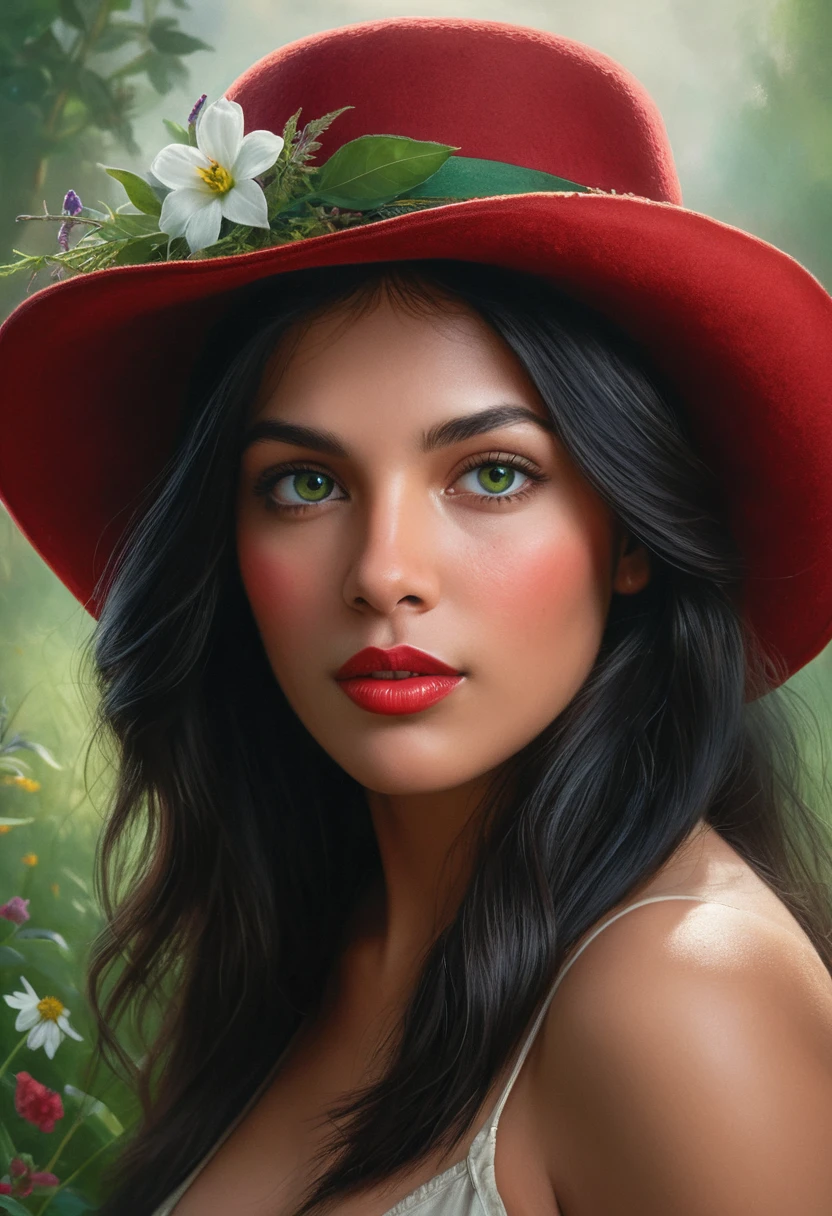 Retrato hiper-realista de uma mulher com olhos verde-esmeralda