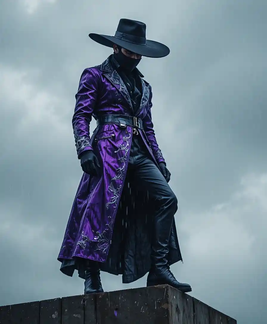 Assassin in purple coat standing on rainy city rooftop