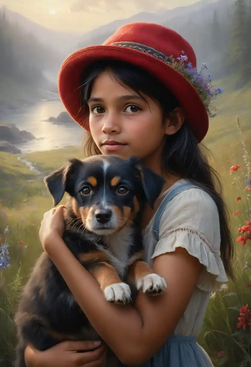 Melancholic girl holding a small dog among wildflowers