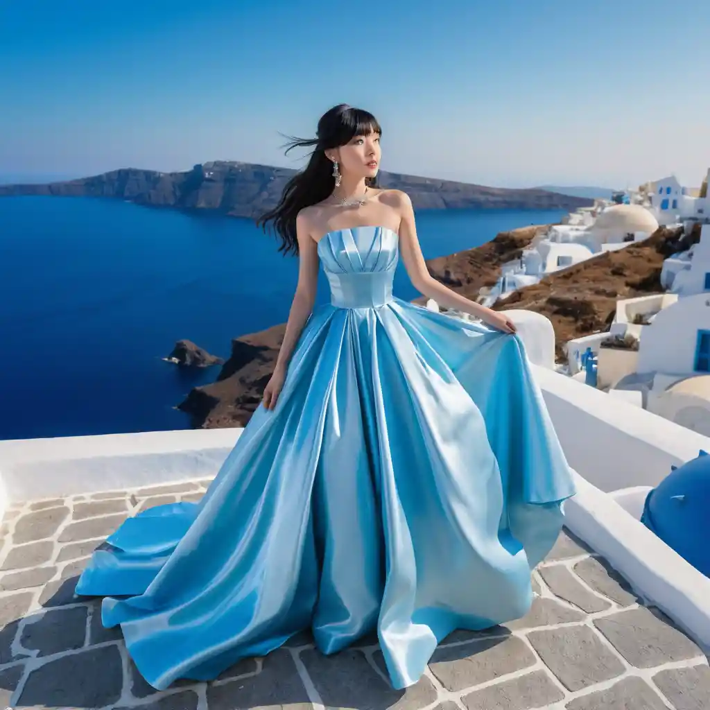 Elegantes Mädchen im blauen Satinkleid in einer Küstenstadt