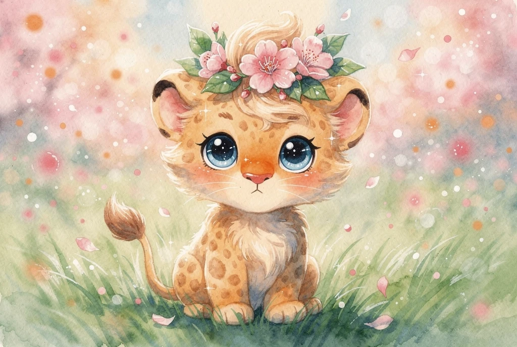 Cute watercolor lion cub with cherry blossom crown