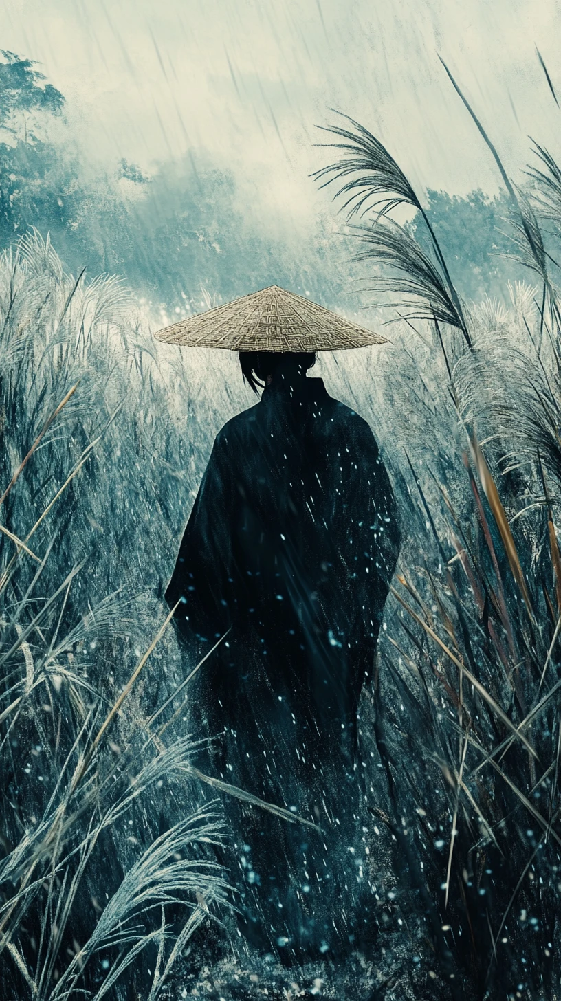 細雨中孤獨旅人穿行於芒草原