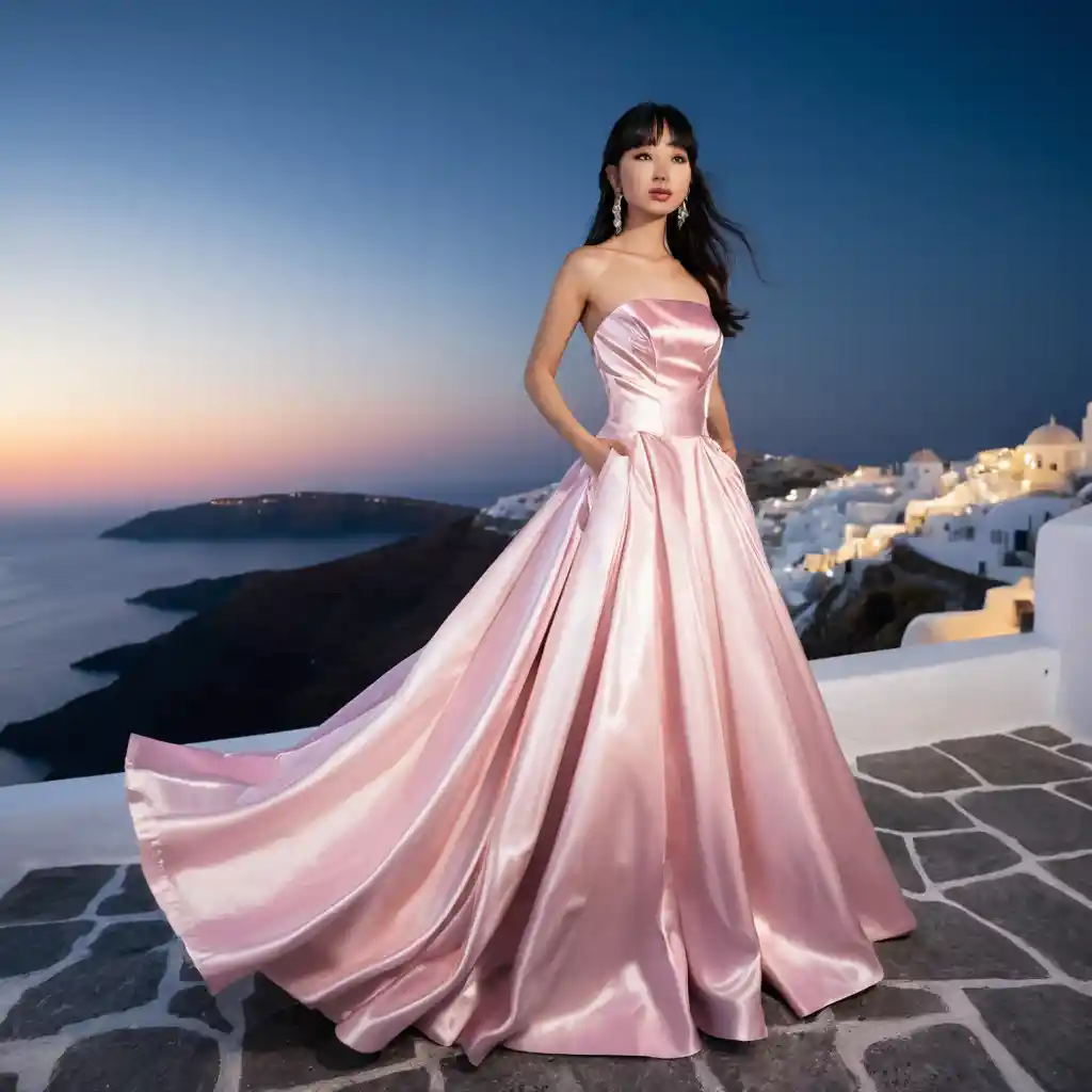 Garota elegante com vestido de cetim rosa à noite em Santorini