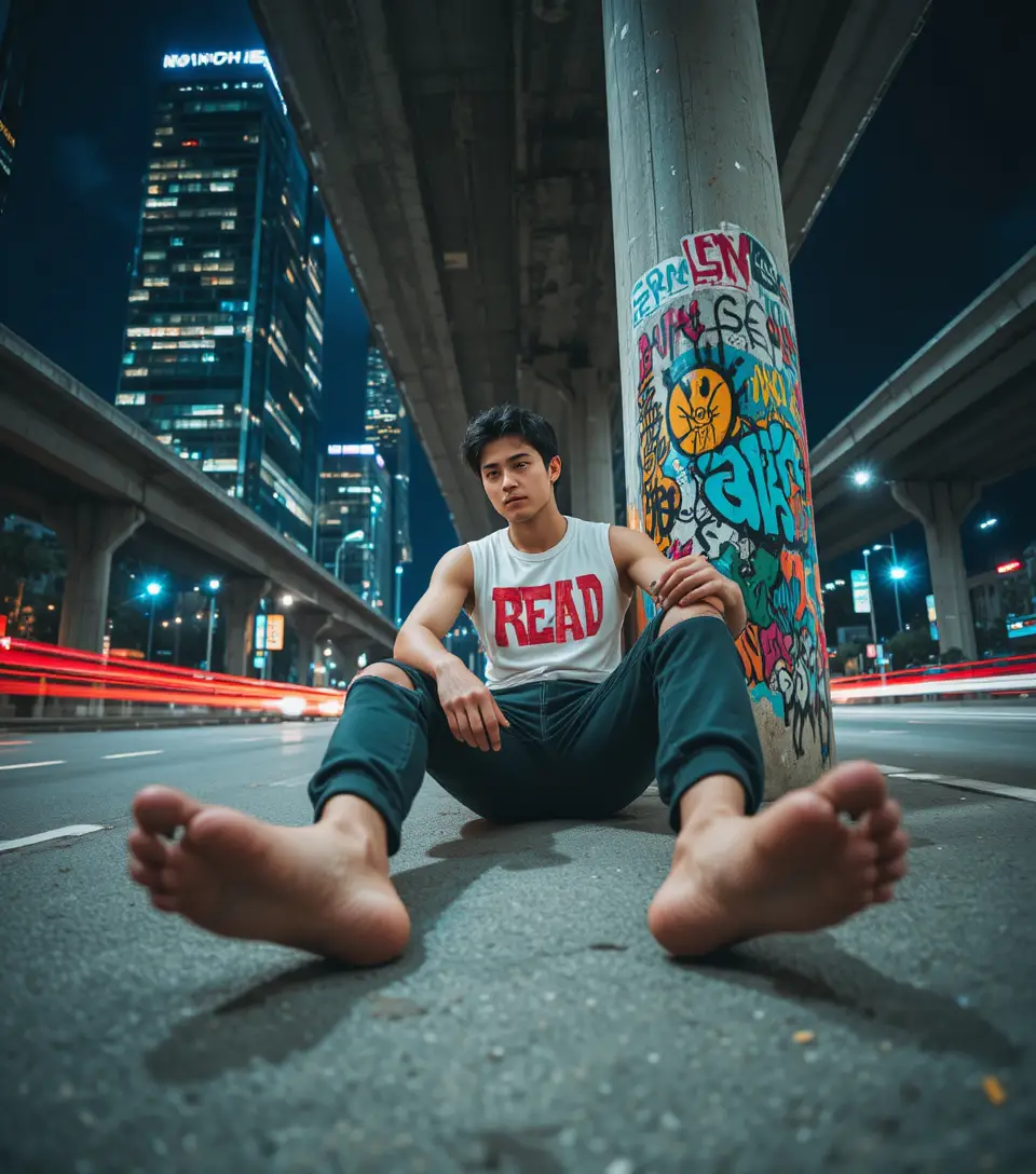 Punk man on empty city street under neon highway overpass