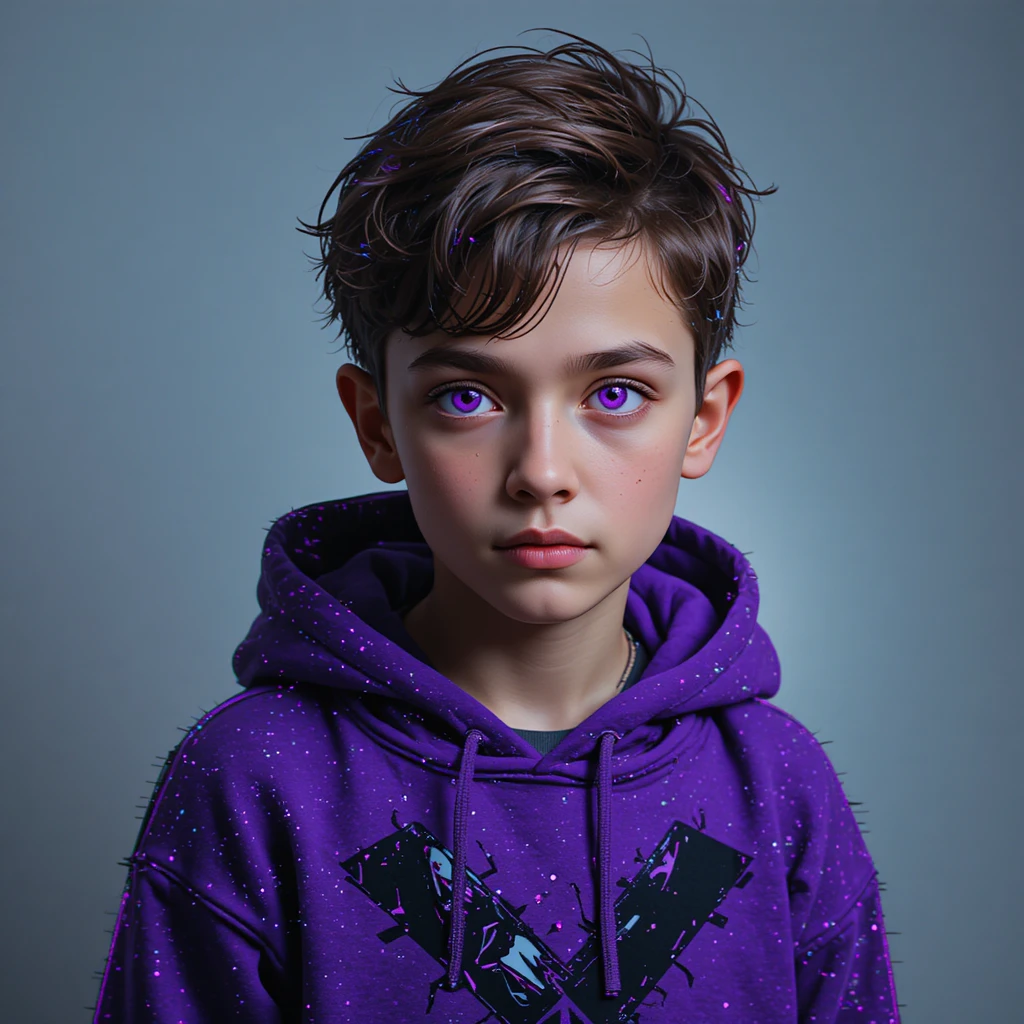 Young boy with purple eyes in digital glitch style