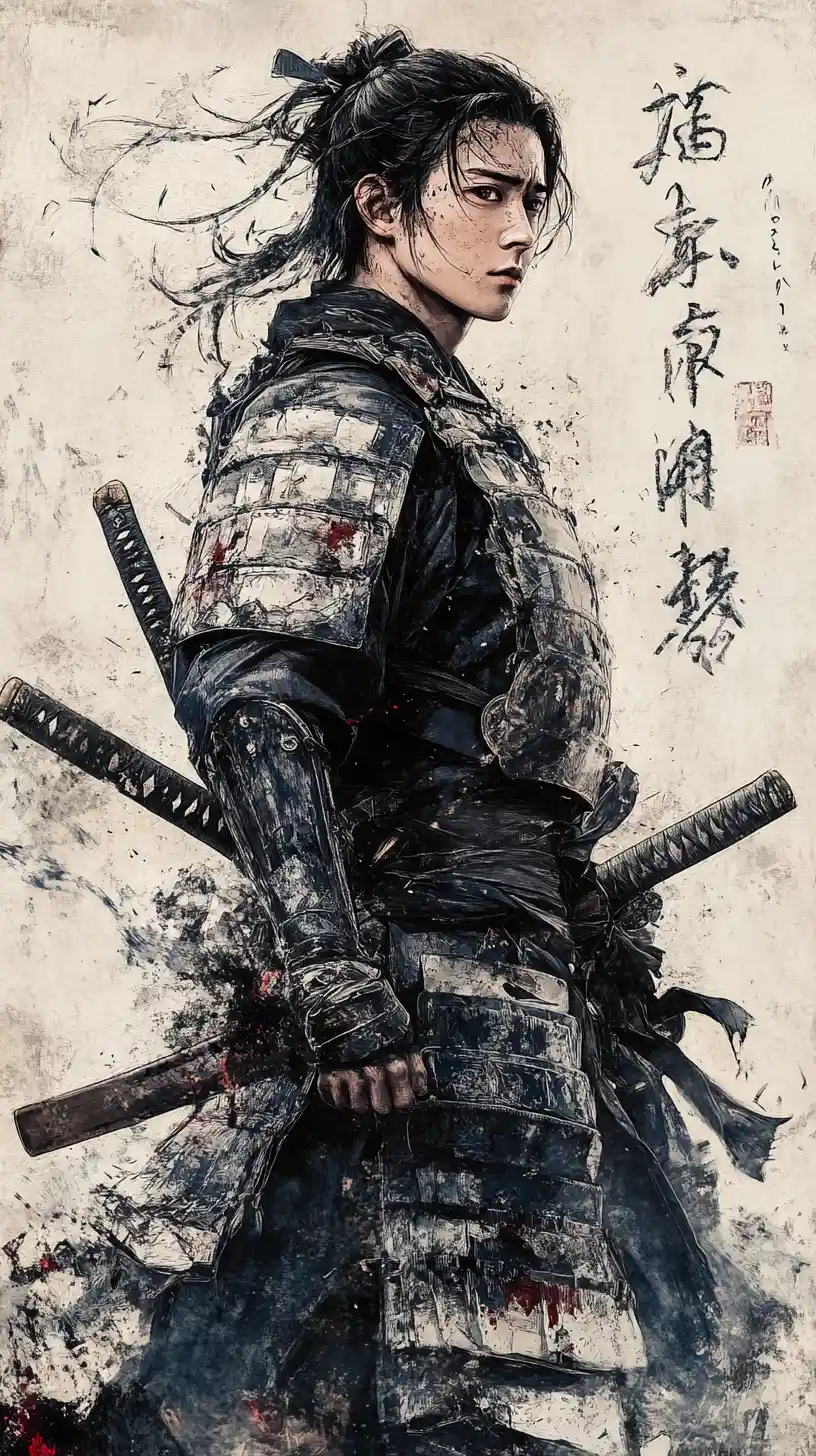 Young samurai in paper armor gazing upward with resolve