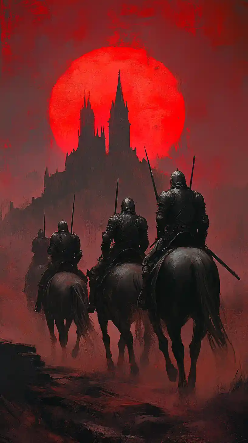 Armored horsemen ride toward a dark distant castle