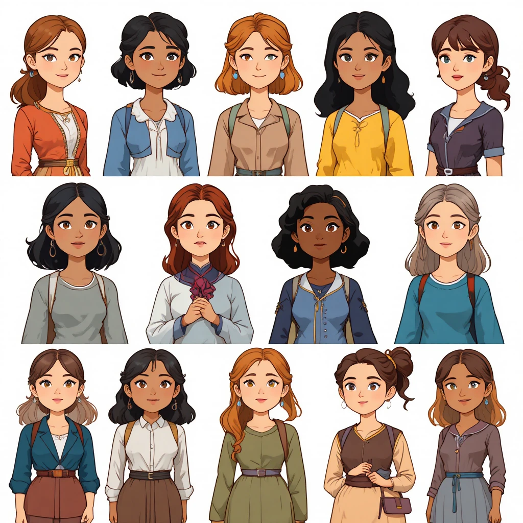 Colorful grid of stylized girls in cartoon portraits