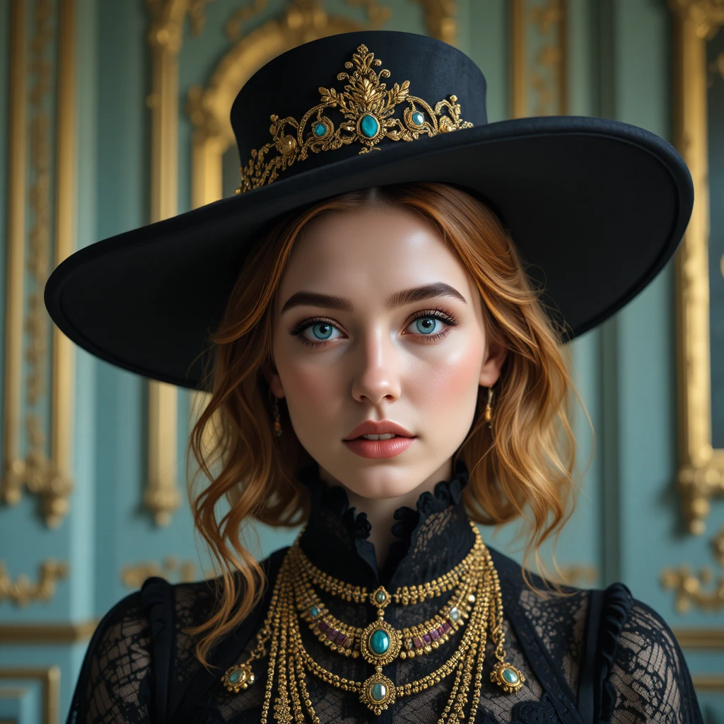 Young woman in ornate hat and jeweled portrait