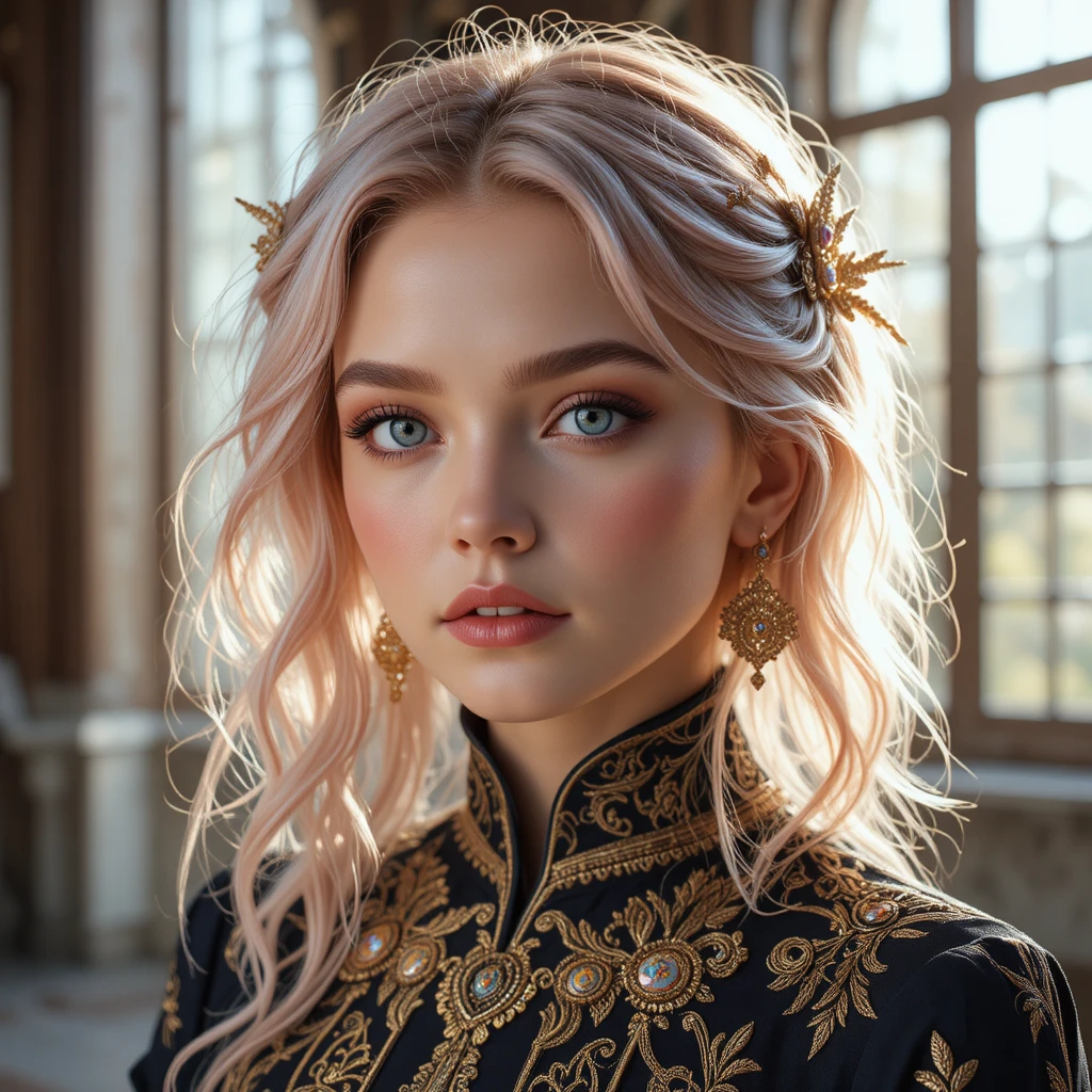 Giovane donna con occhi azzurri e capelli ondulati rosa pastello