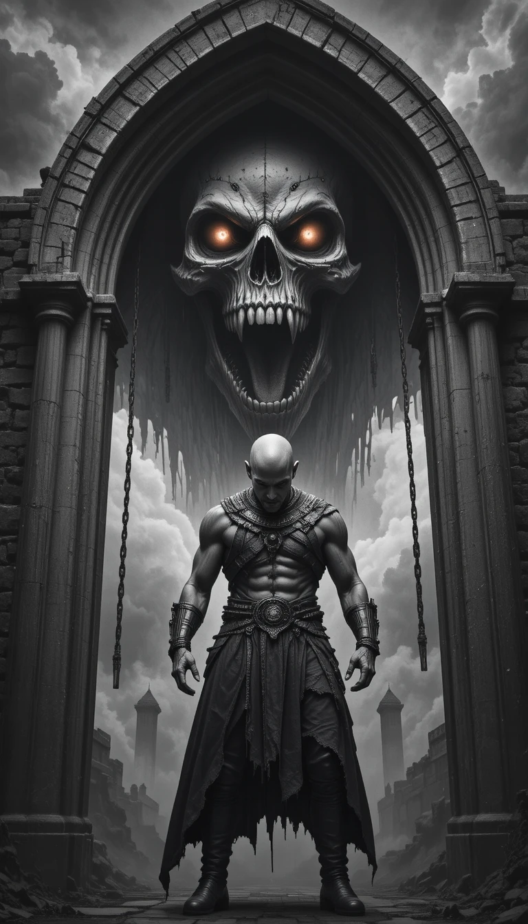 Warrior at gothic archway with looming skull and chains