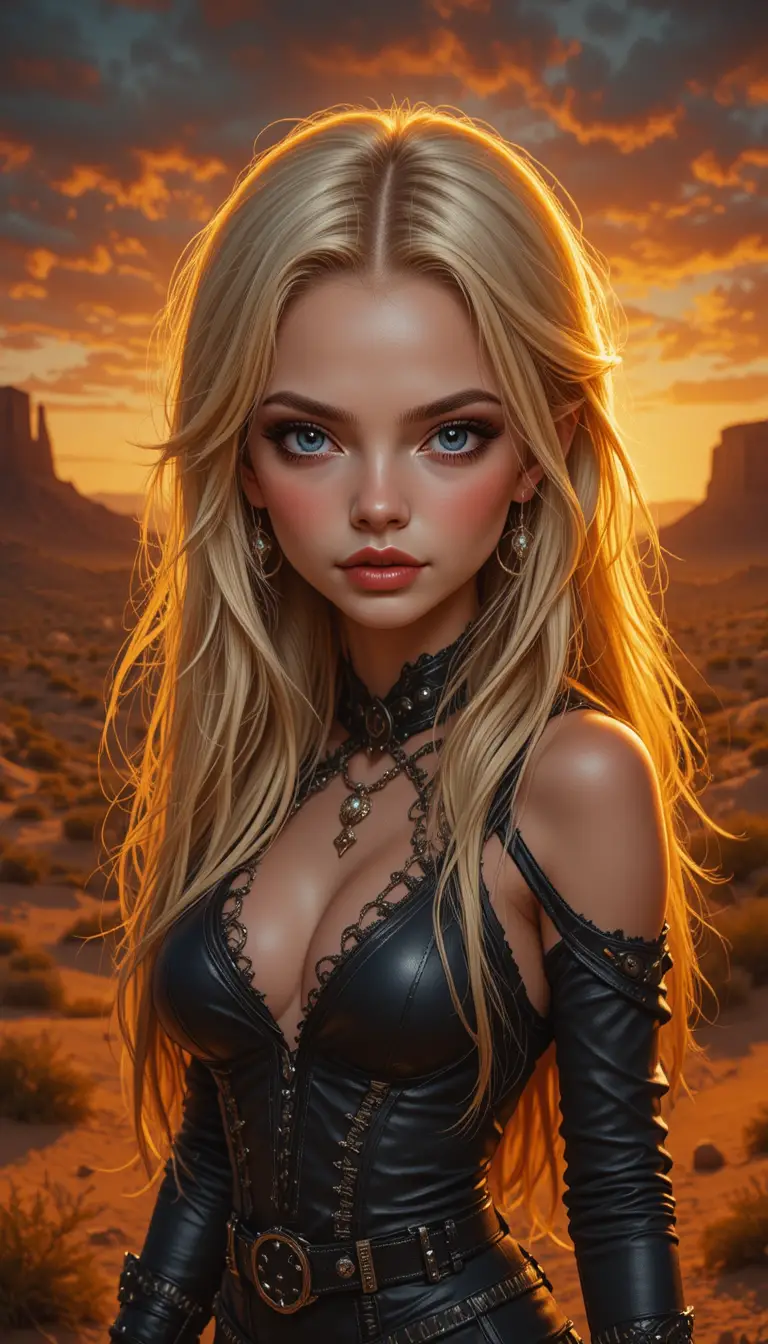 Gothic blonde girl portrait in a glowing desert sunset