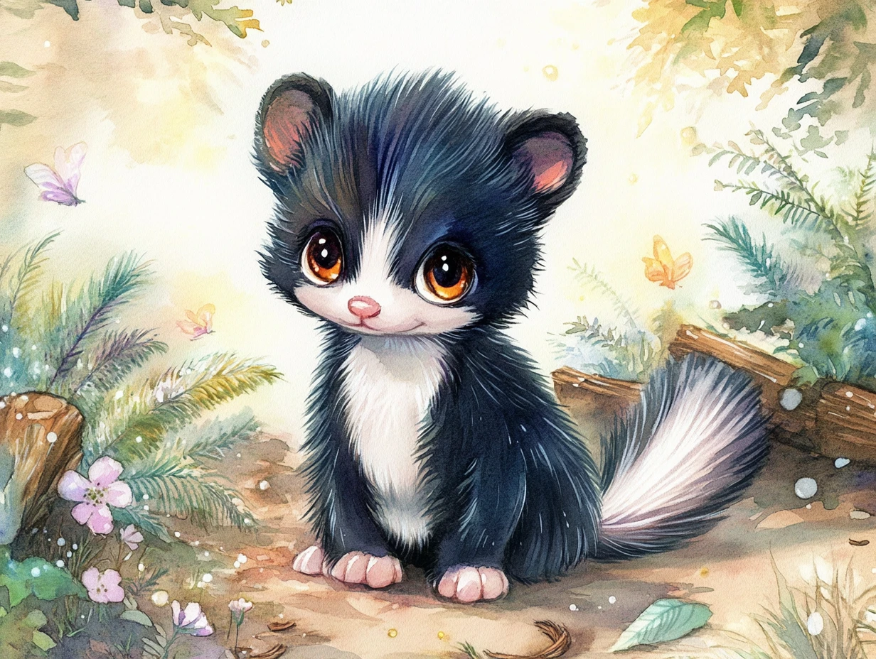 Adorable baby skunk illustration in a sunlit forest