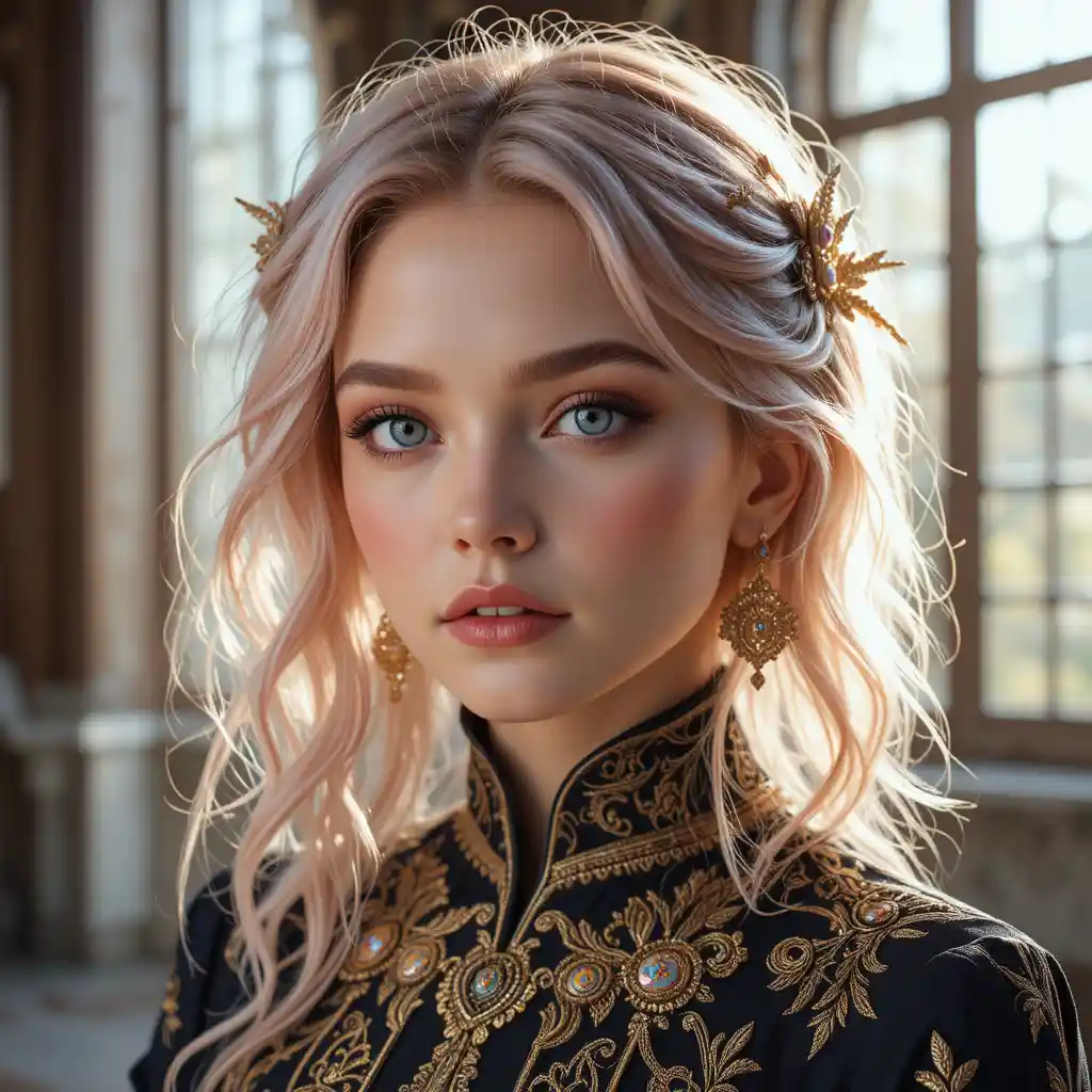 Giovane donna con occhi azzurri e capelli ondulati rosa pastello