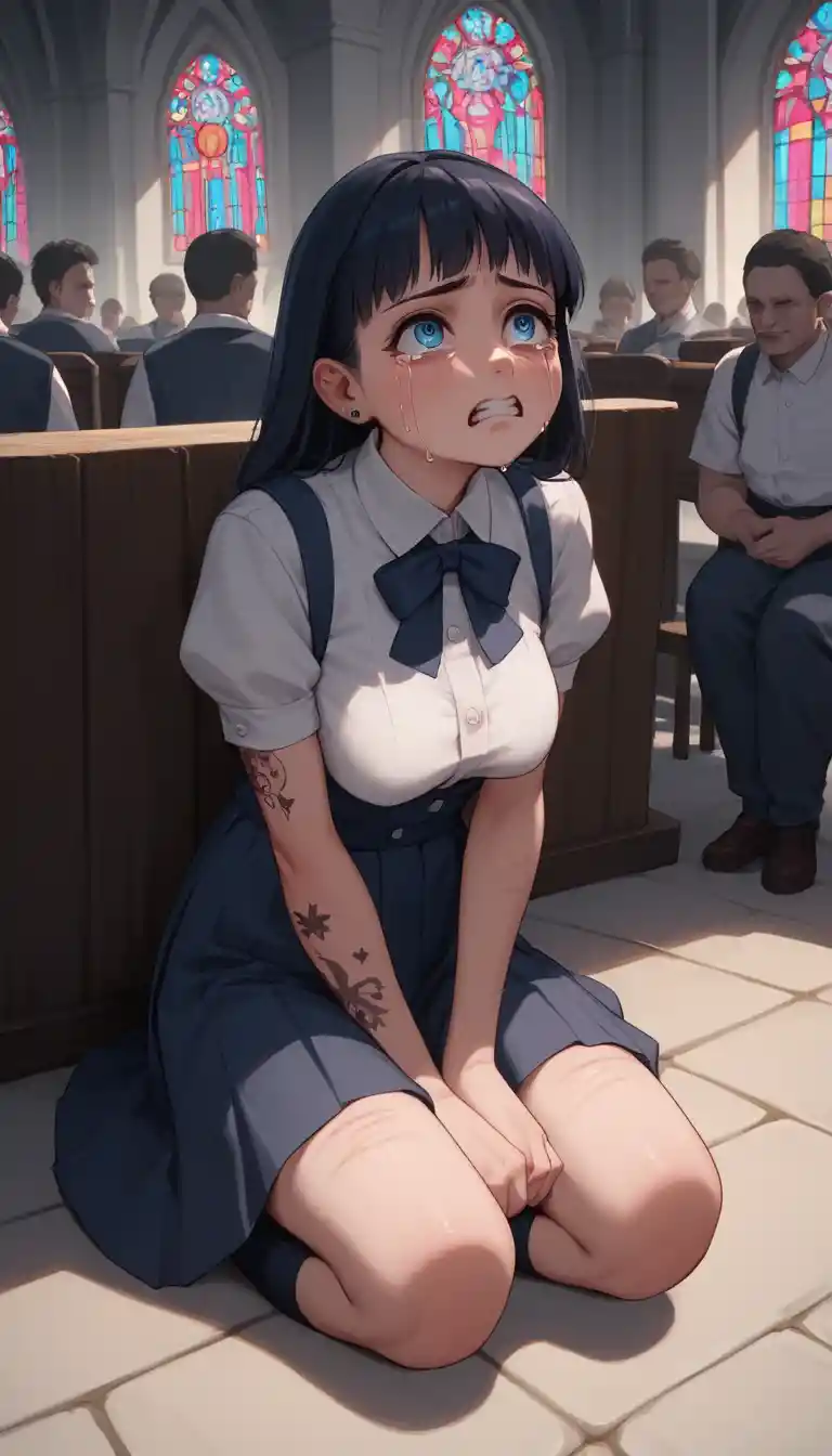 Joven estudiante japonesa sentada sola en una iglesia