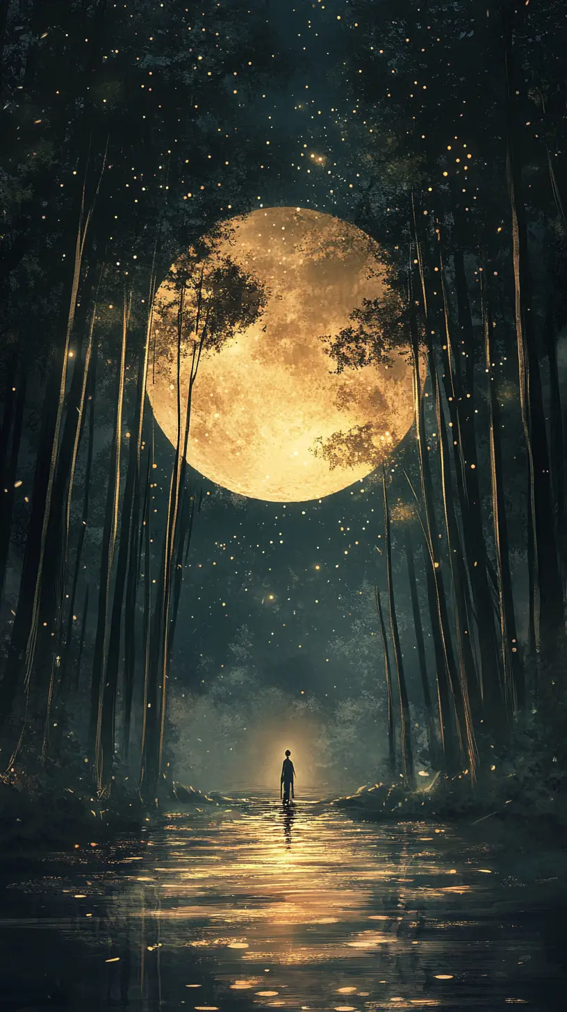 Lone figure in a moonlit flooded forest at night