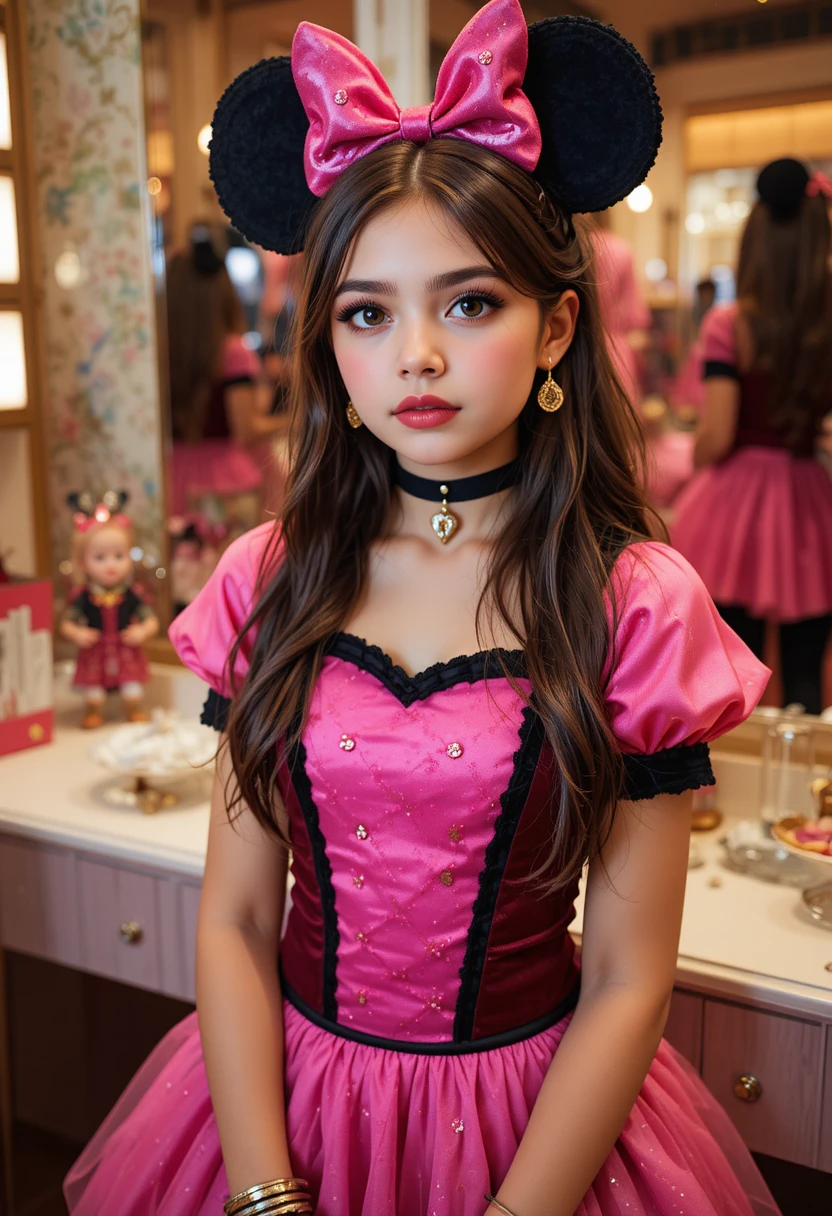 Niño preadolescente nervioso con vestido rosa de Minnie entre bastidores