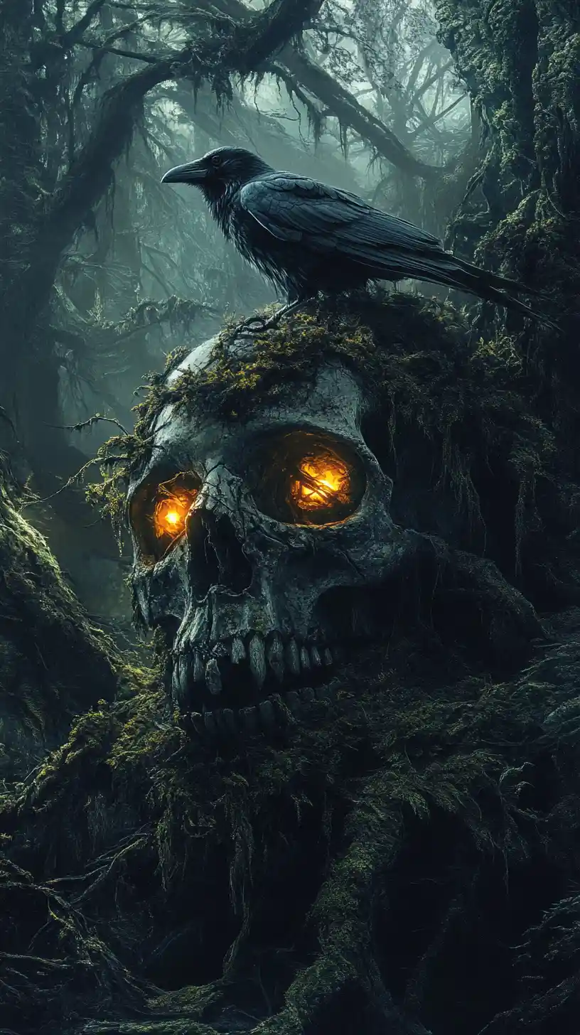 Skull With Fiery Eyes And Crow In Gloomy Mossy Forest
