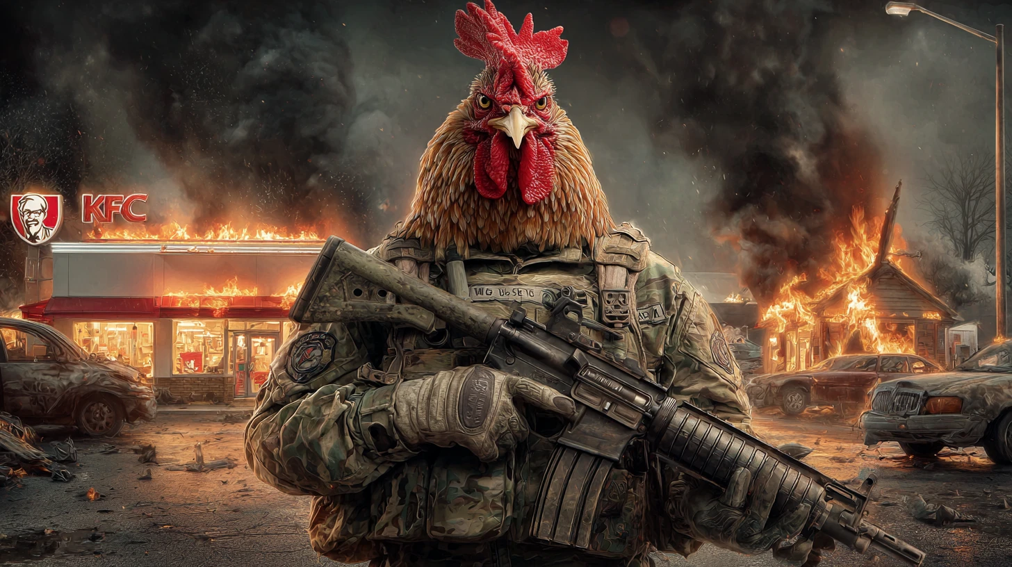 Frango militar furioso com fuzil em meio às ruínas em chamas de fast food