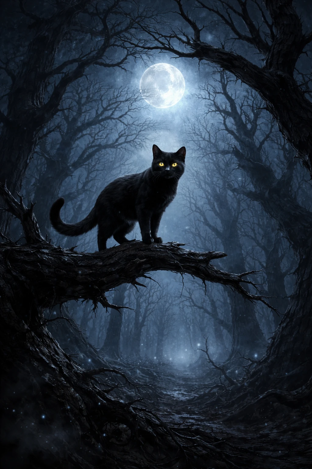 Black cat on a branch in a haunted night forest