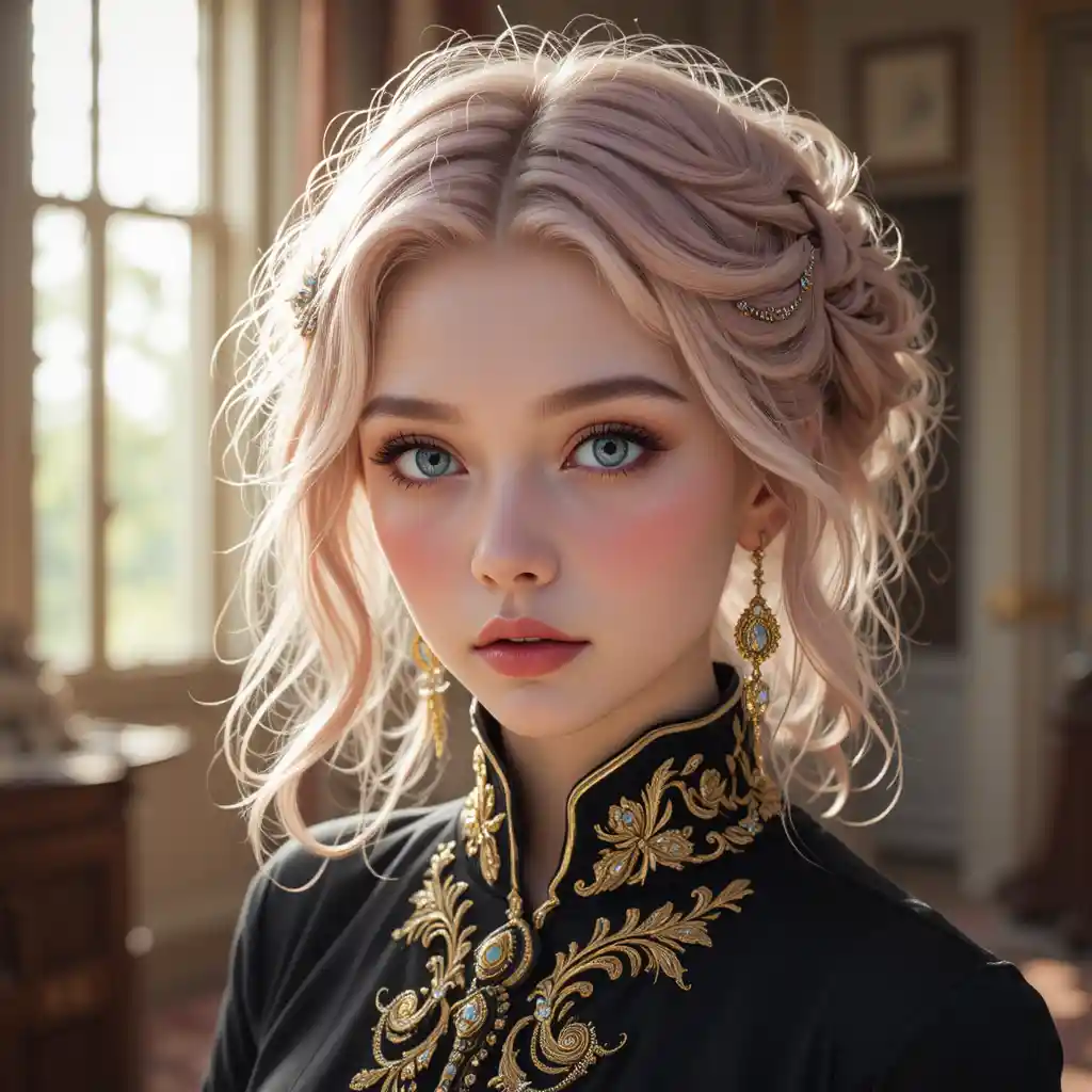 Elegant girl portrait with blue eyes and pink wavy hair