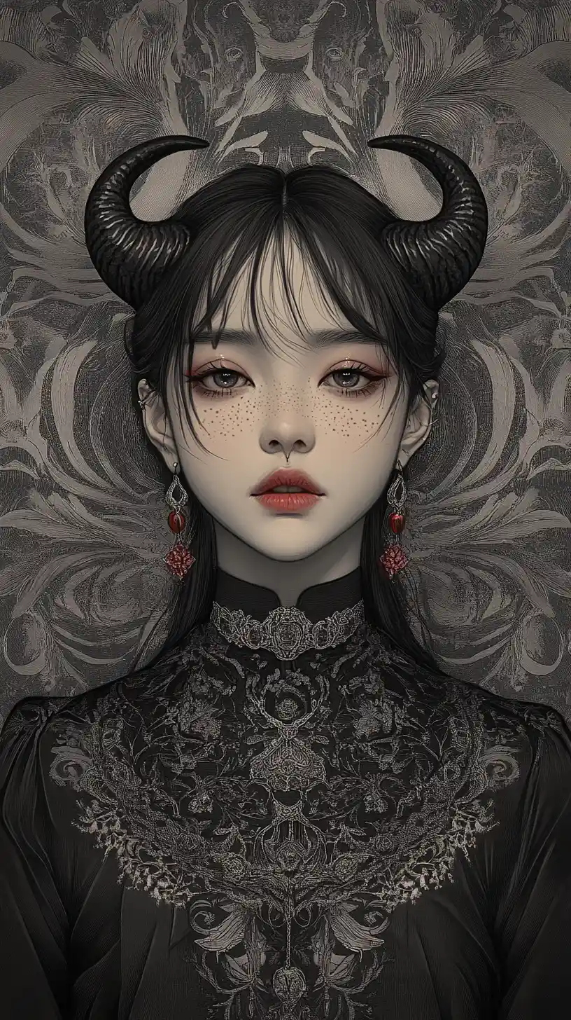 Horned woman portrait with tattoos and ornate jewelry