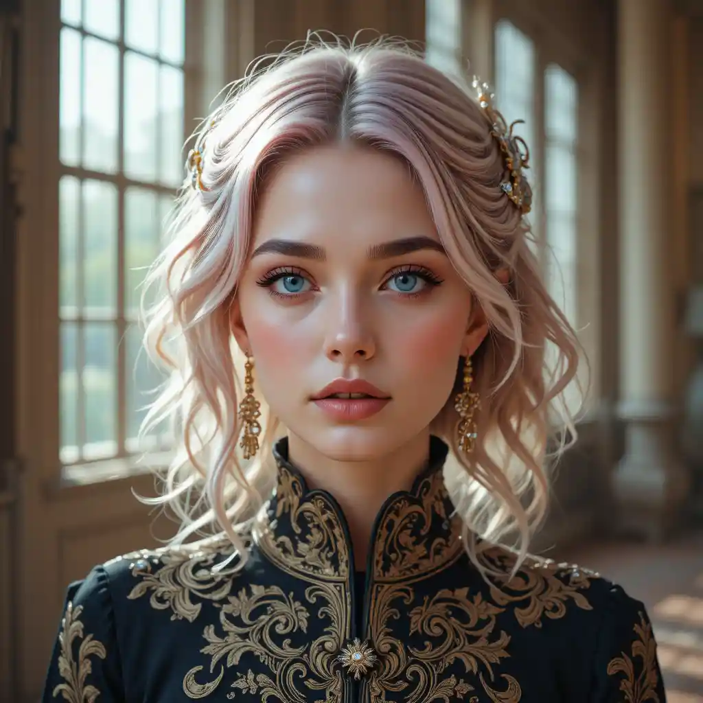 Young woman with pastel pink hair and blue eyes