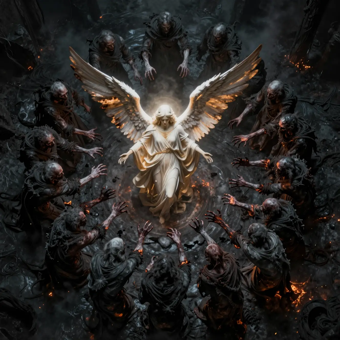 Angelic figure encircled by demons in a burning hellscape