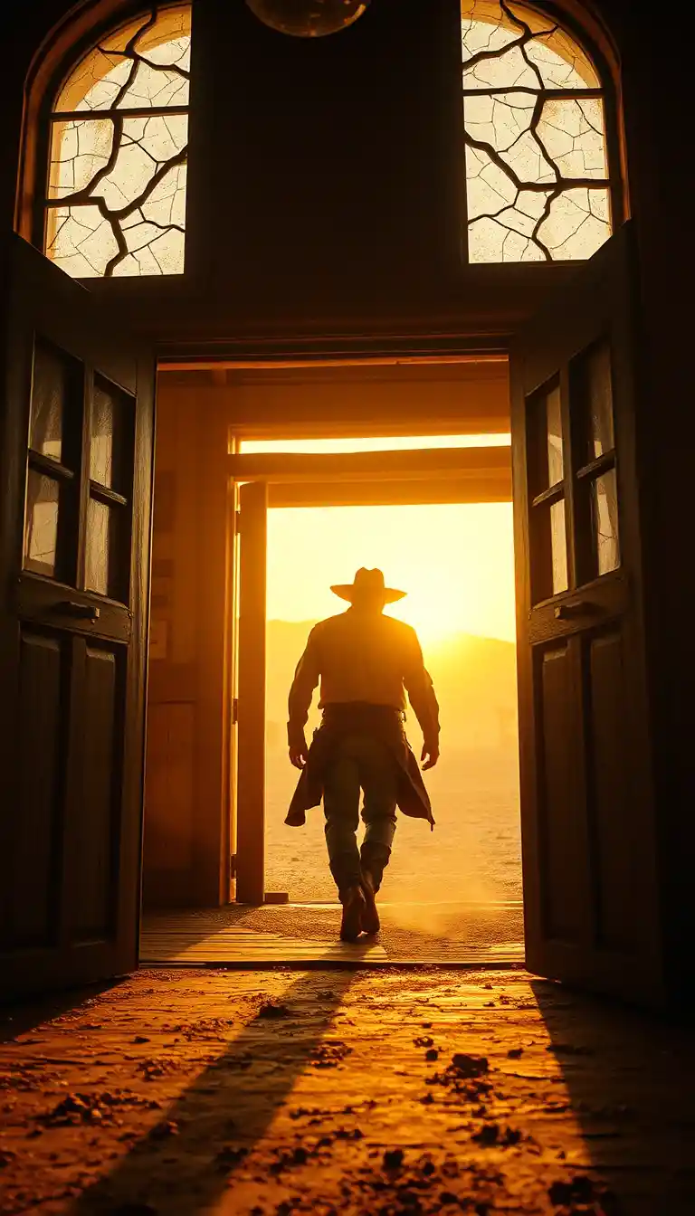 Cowboy entering old frontier saloon in warm sunset dust