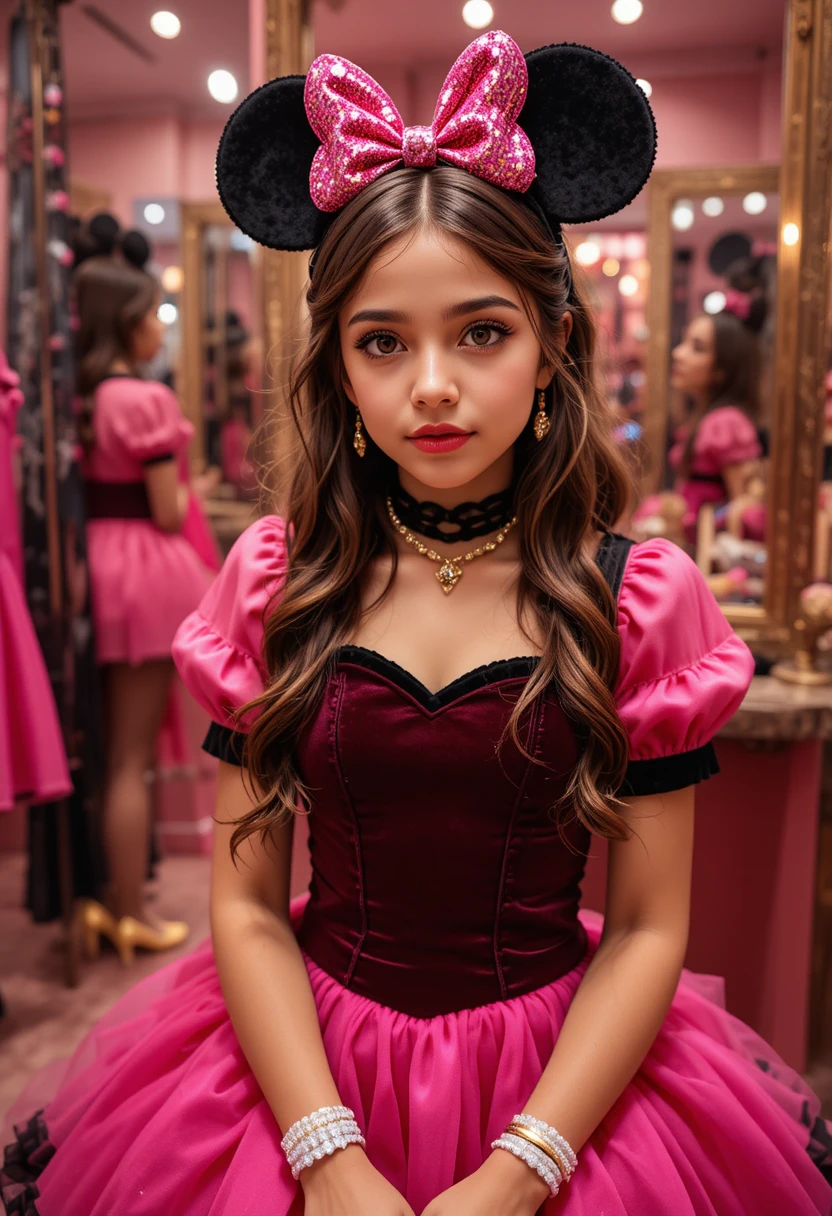 Niño preadolescente nervioso disfrazado de Minnie Mouse en el trastero de una boutique