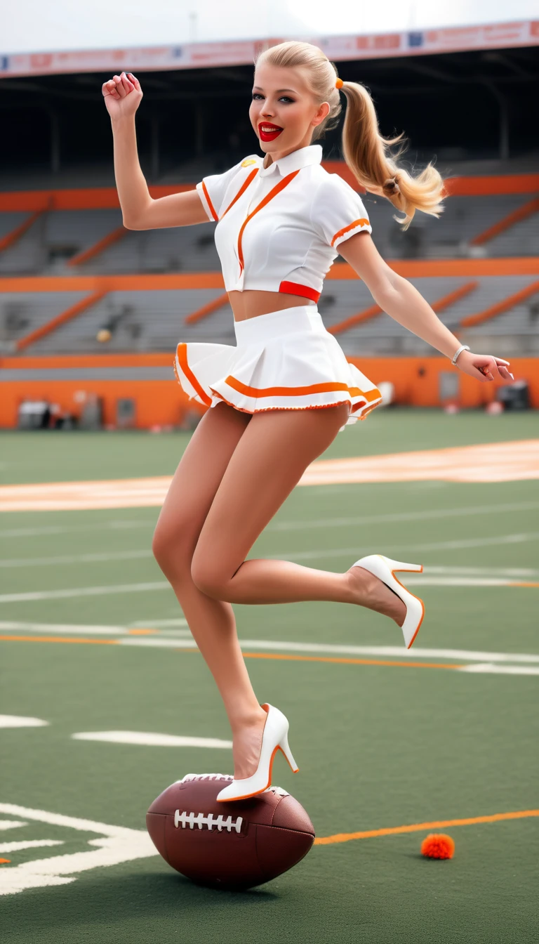 Blonde cheerleader jumping with pompoms on football field