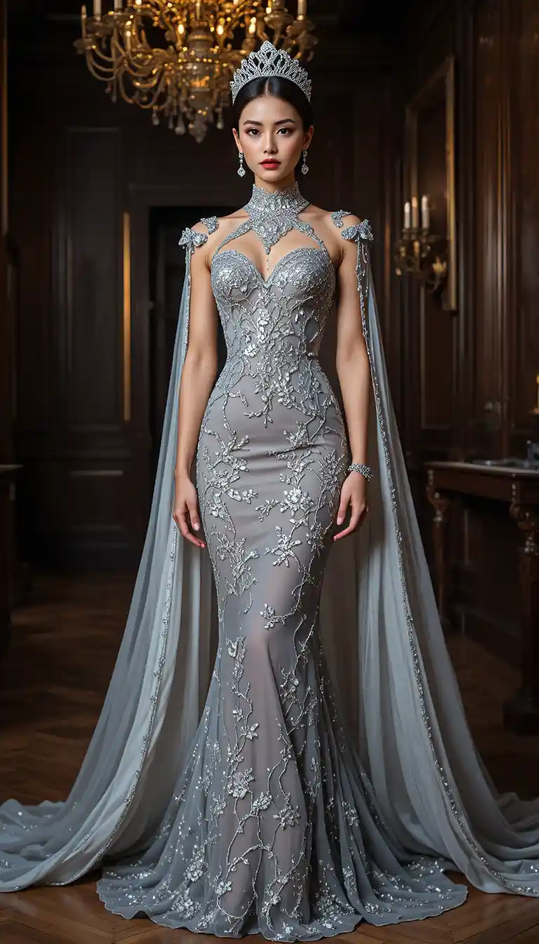Regal woman in jeweled silver gown in grand ballroom