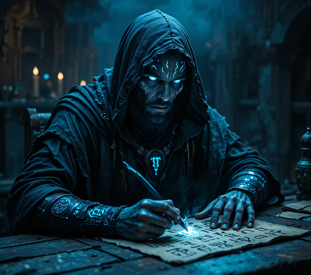 Ritratto dark fantasy di uno stregone incappucciato con rune luminose