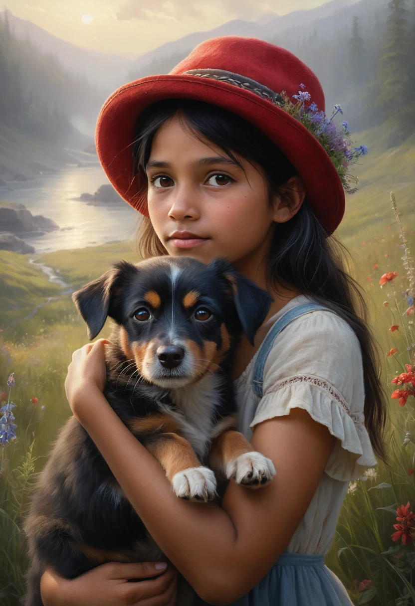 Melancholic girl holding a small dog among wildflowers
