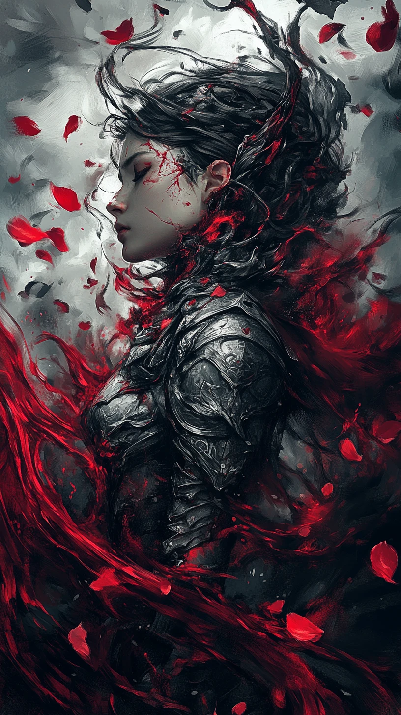破碎深紅鎧甲中的憂鬱女戰士