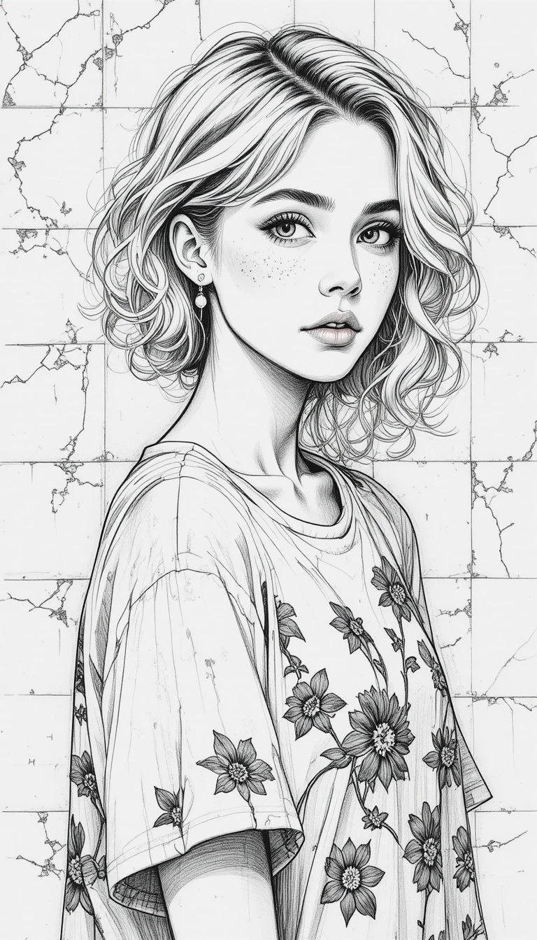 Young woman in monochrome pencil portrait against tiled wall