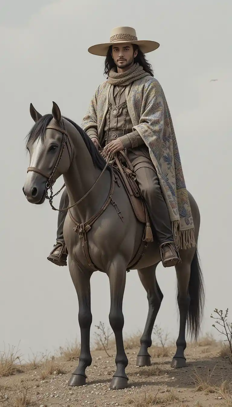 Einsamer Mann mit Poncho und Hut auf der offenen Pampa