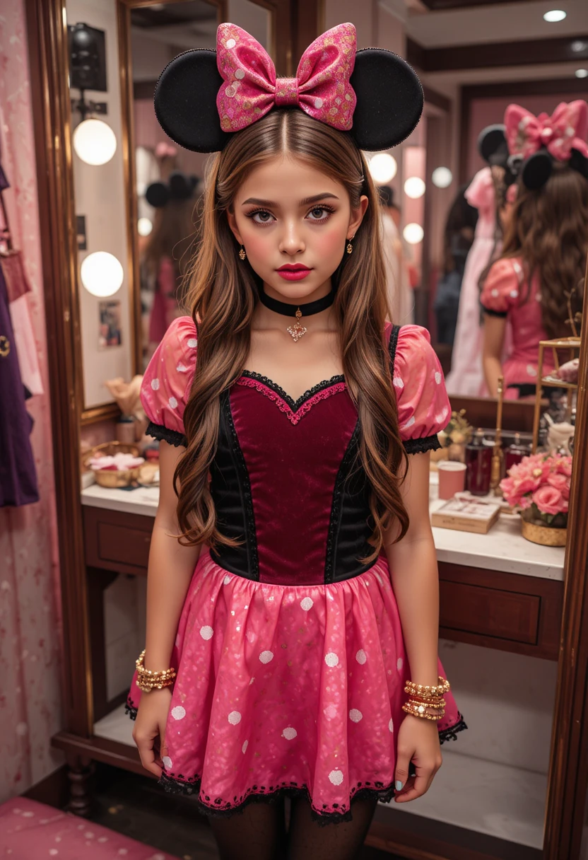 Preadolescente nervioso con vestido rosa de Minnie frente al tocador