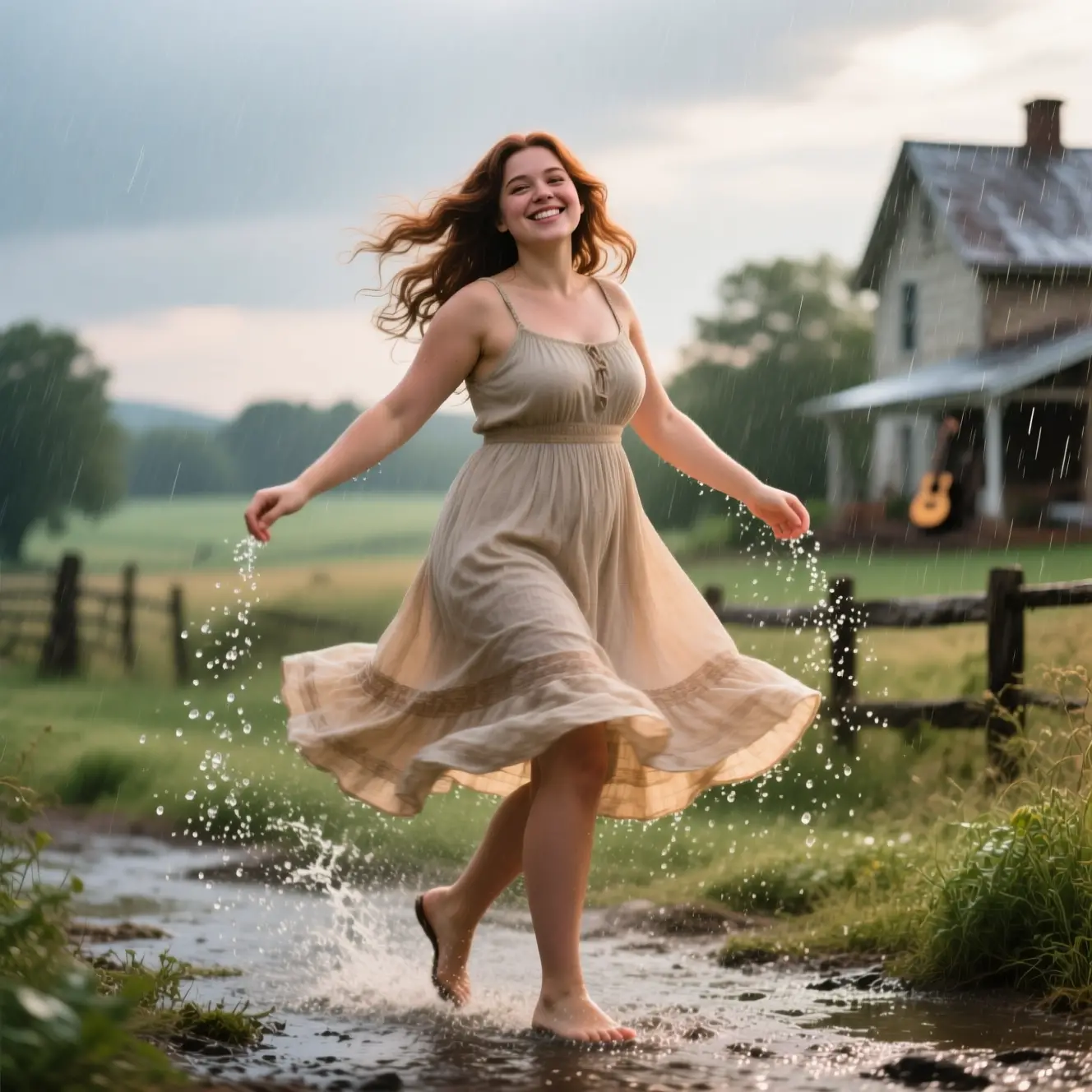 Country girl twirling in the rain in a rural landscape