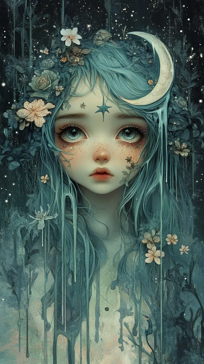 Chica melancólica de cabello azul entre flores decadentes en la noche