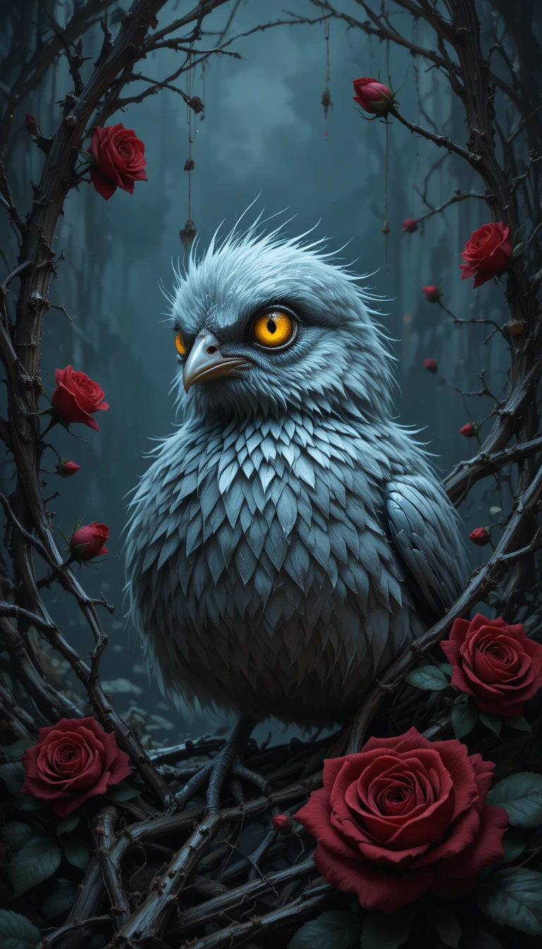 Pollito plateado triste entre espinas y rosas en la oscuridad