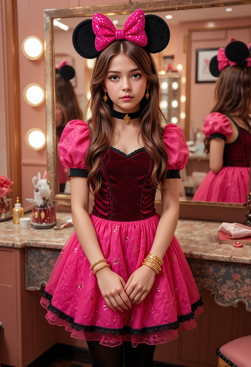 Tween boy dressed as Minnie Mouse in boutique dressing room