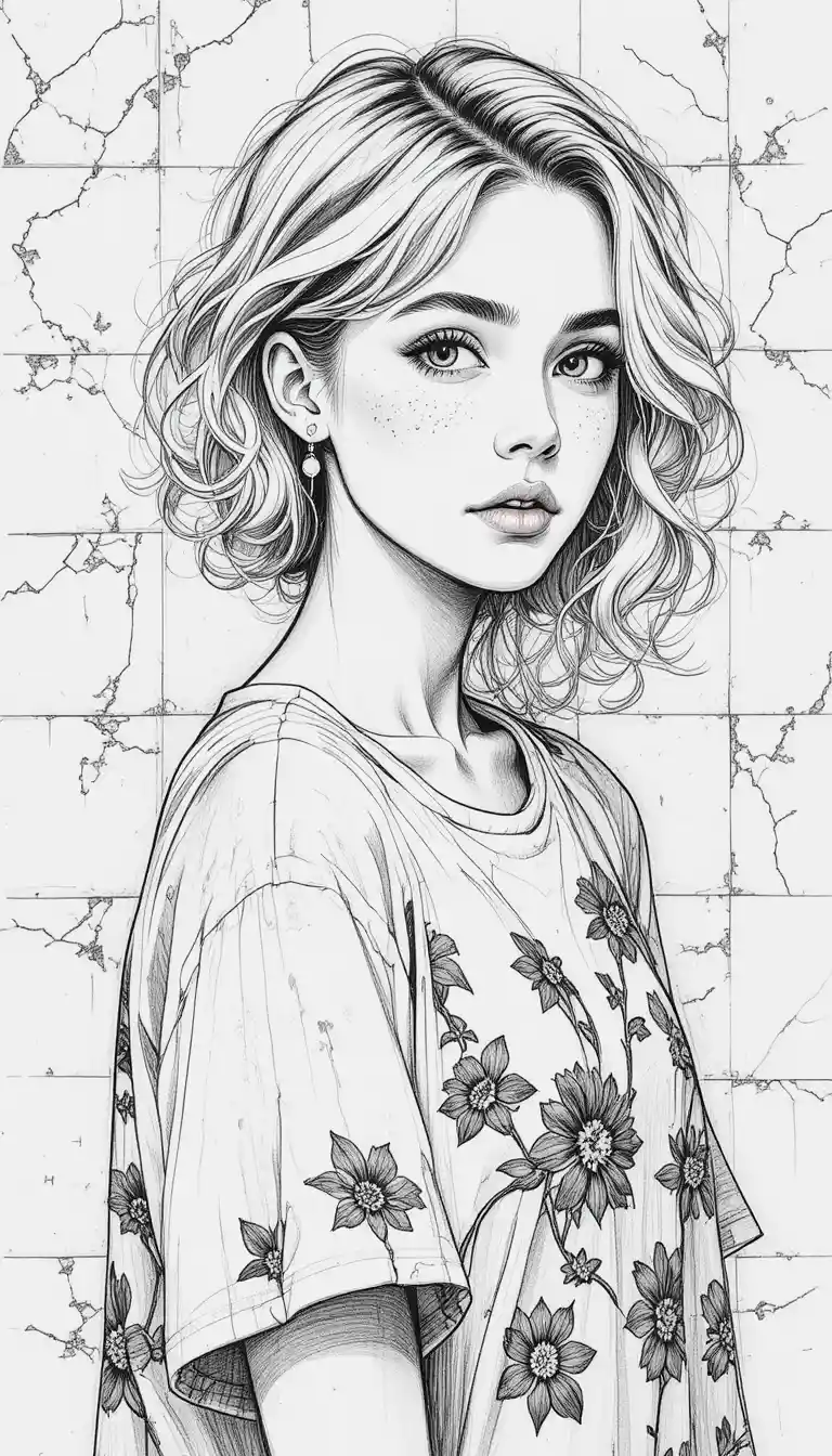 Young woman in monochrome pencil portrait against tiled wall
