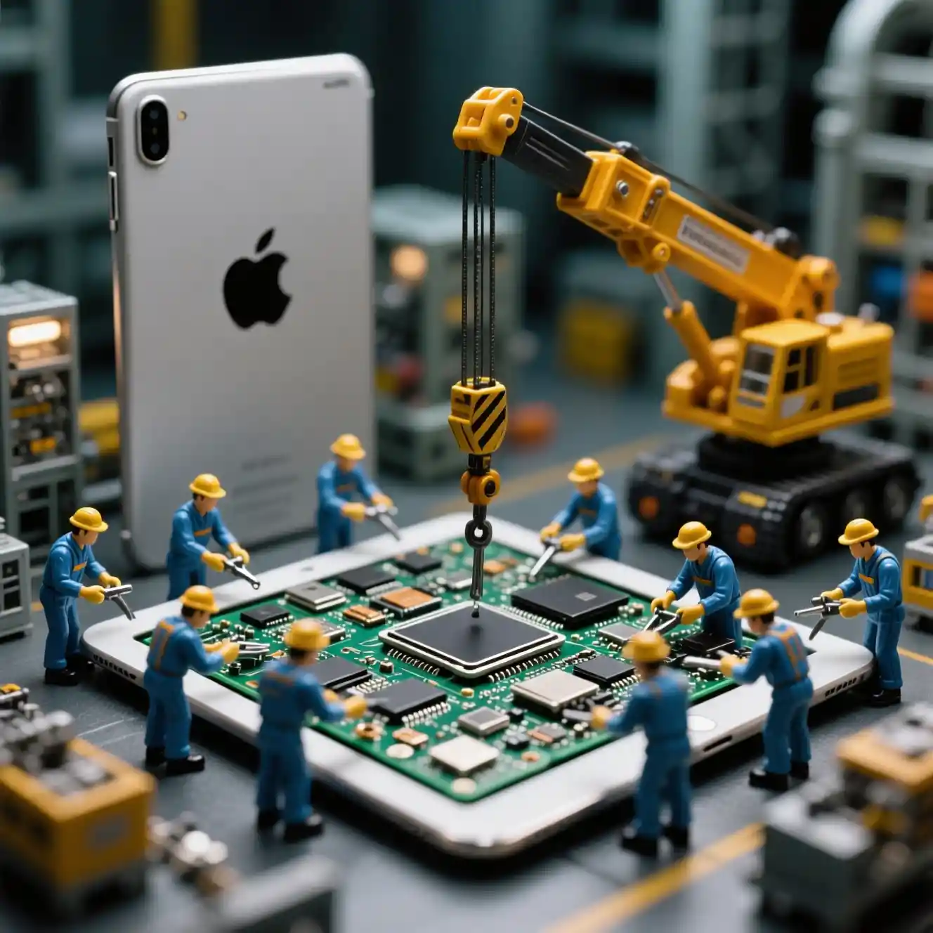 Miniature technicians repairing a giant tablet in a factory