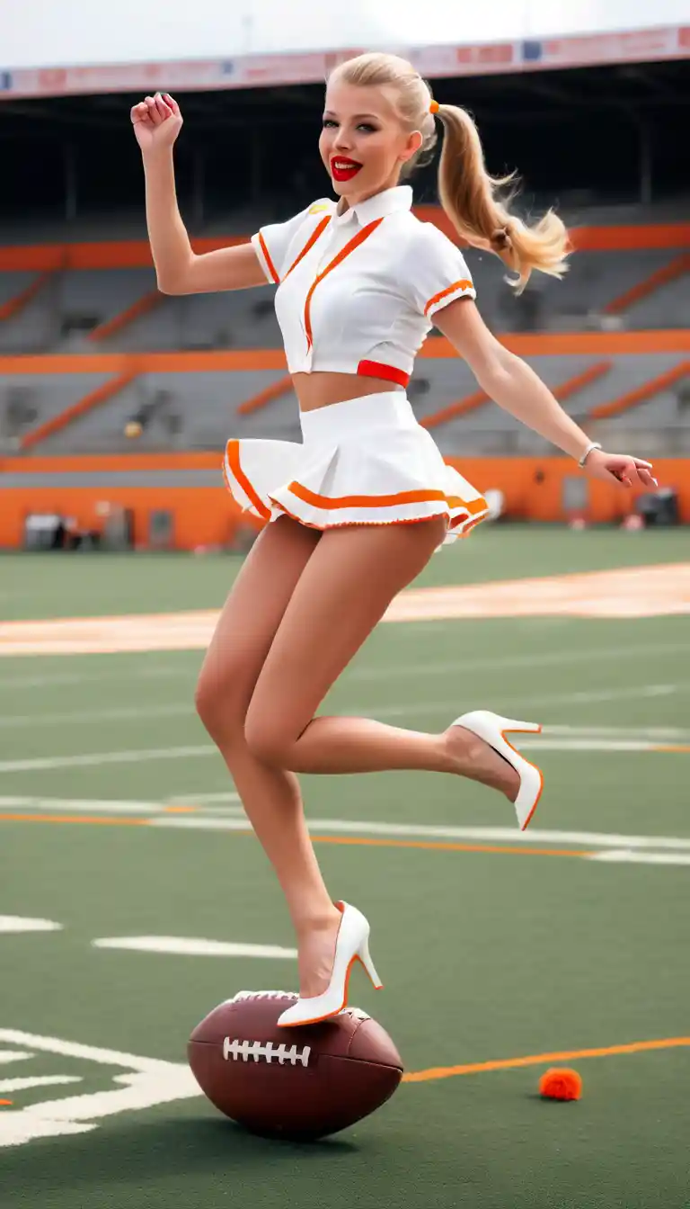 Blonde cheerleader jumping with pompoms on football field