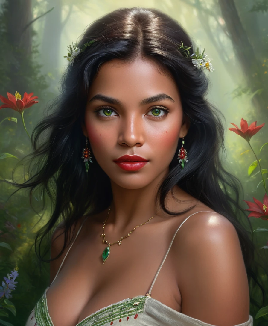 Hyperrealistic portrait of an indigenous woman with green eyes
