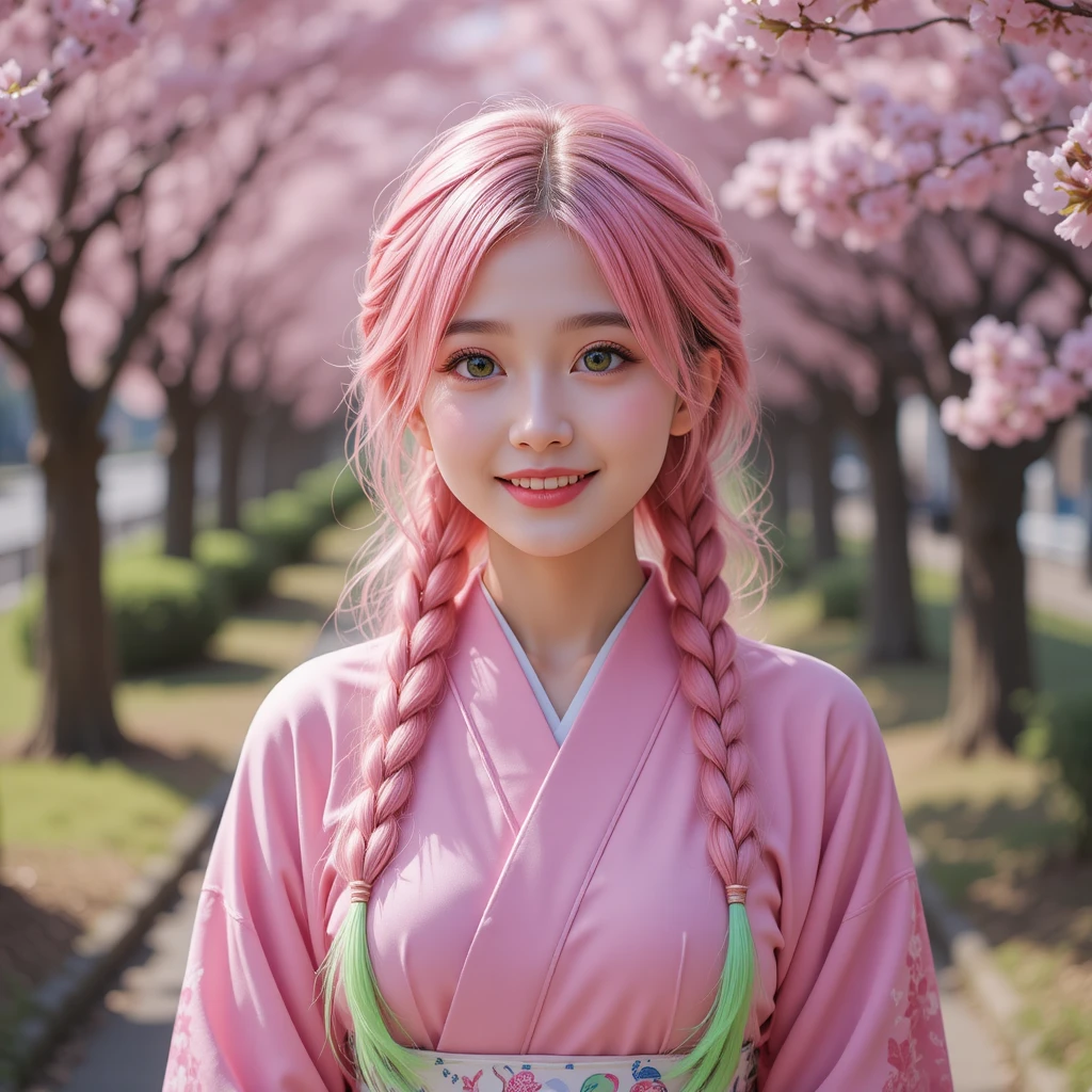 Chica de pelo rosa en kimono bajo los cerezos en flor