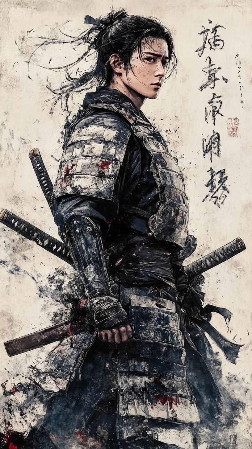 Young samurai in paper armor gazing upward with resolve