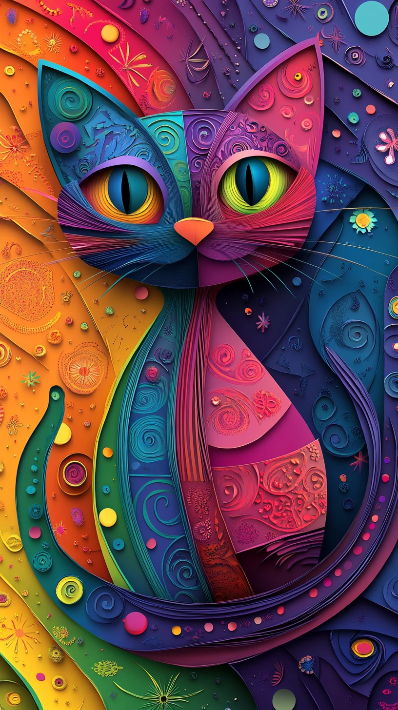 Primo piano di un buffo gatto 3D su sfondo astratto arcobaleno